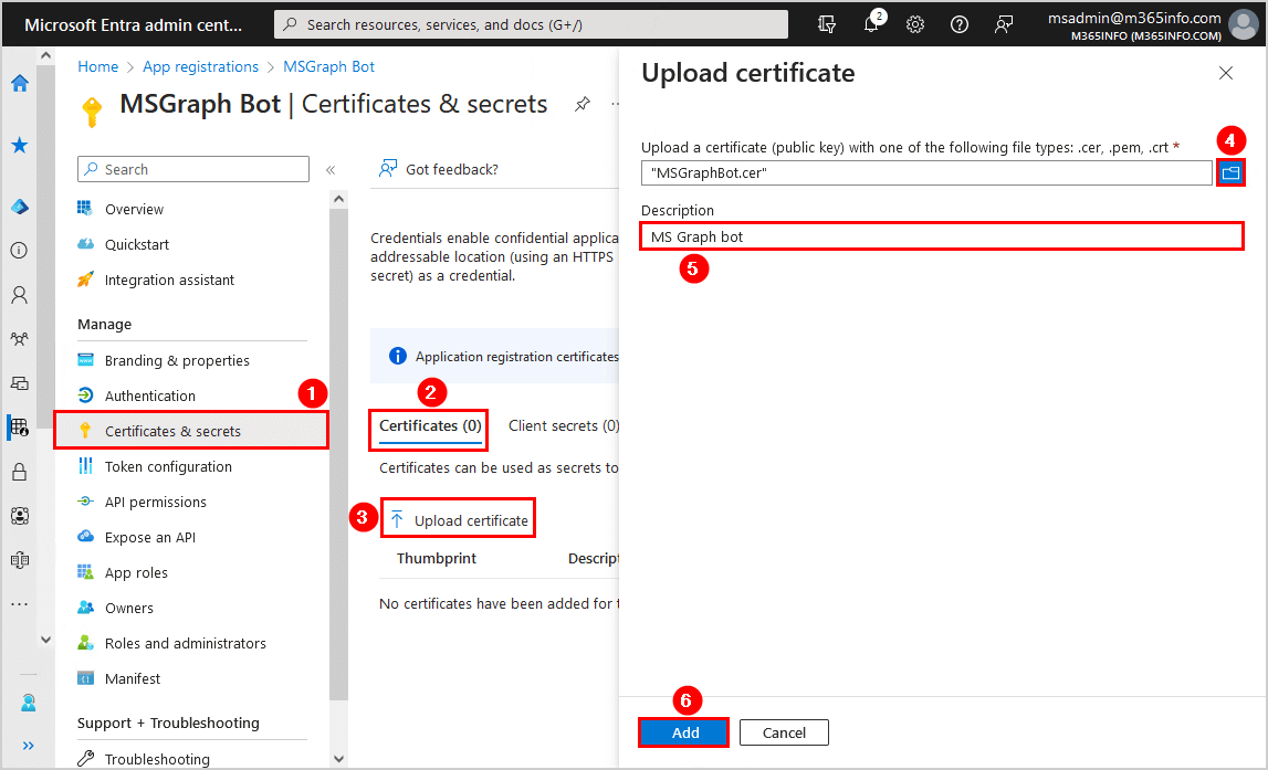 Connect to Microsoft Graph PowerShell Upload certificate