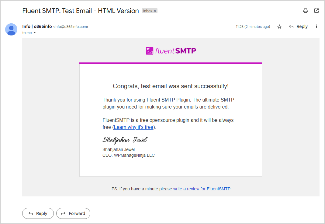 Test email received succesfully
