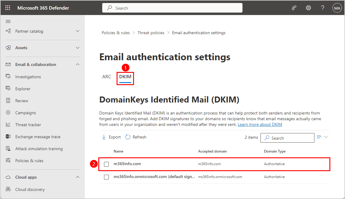 Configure DKIM keys Microsoft Defender domain