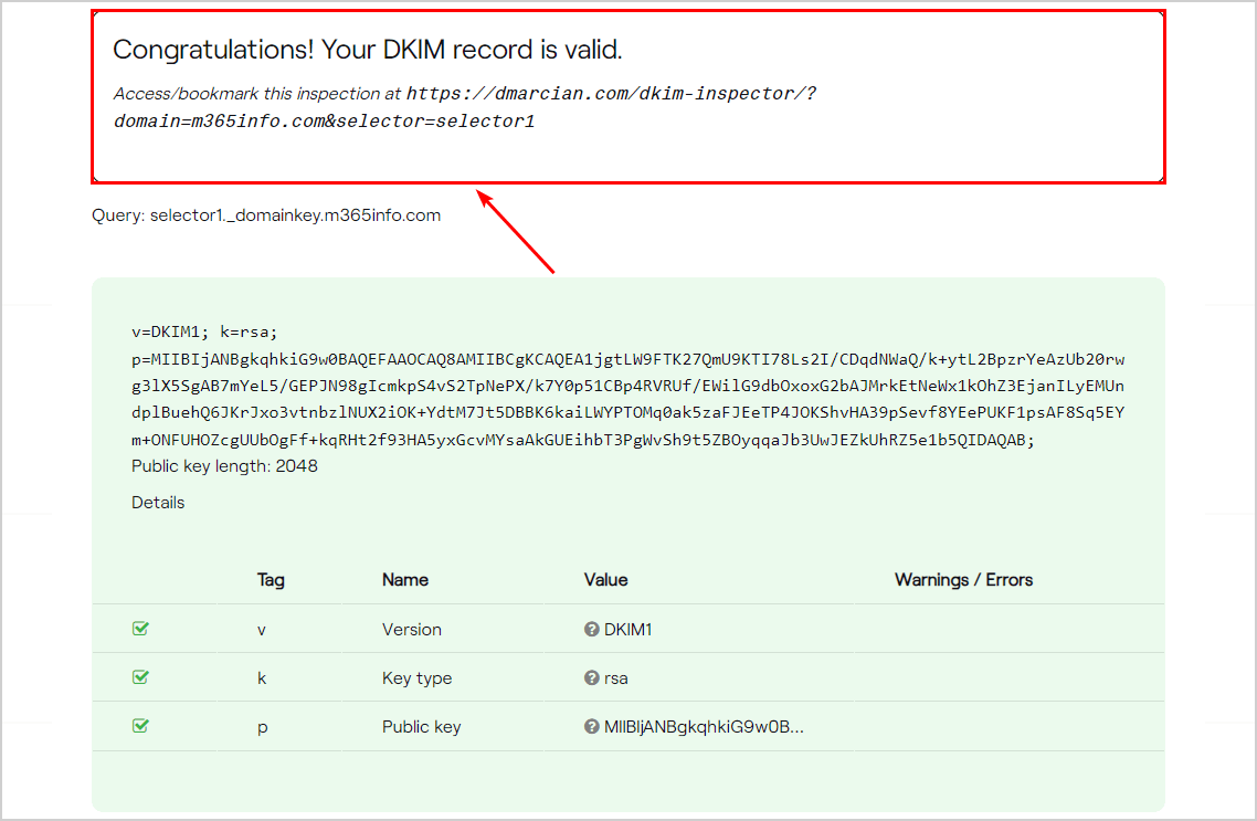 DKIM Record check Dmarcian selector1 valid