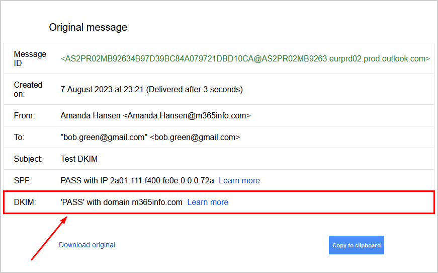 Gmail test DKIM Pass with domain.