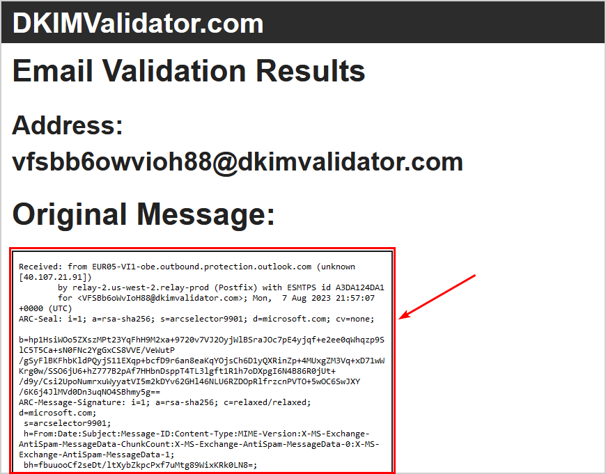 Email DKIM Validation results orginal message