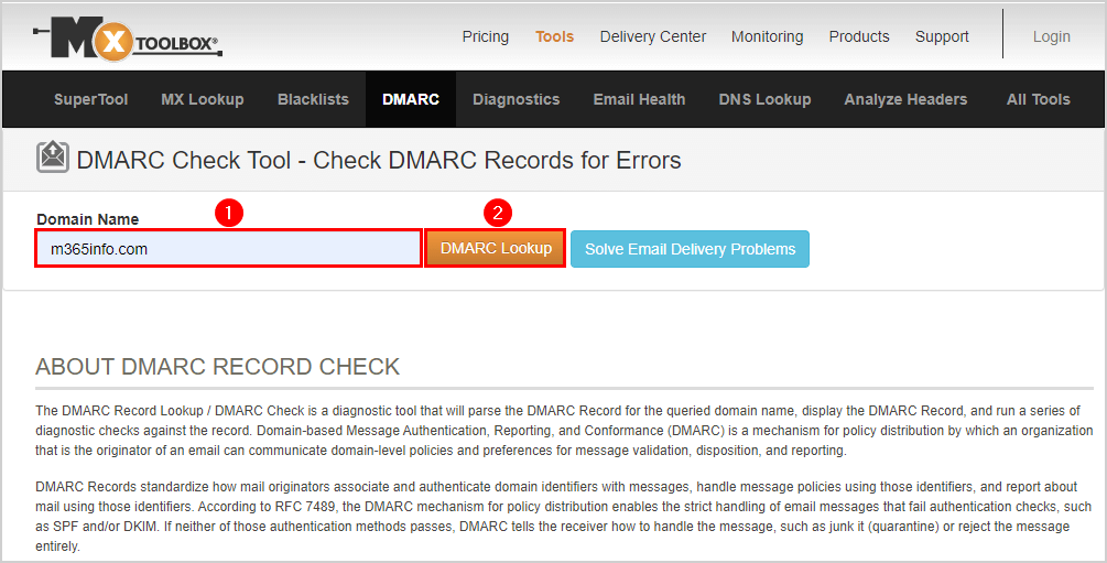Configure DMARC record check MxToolBox