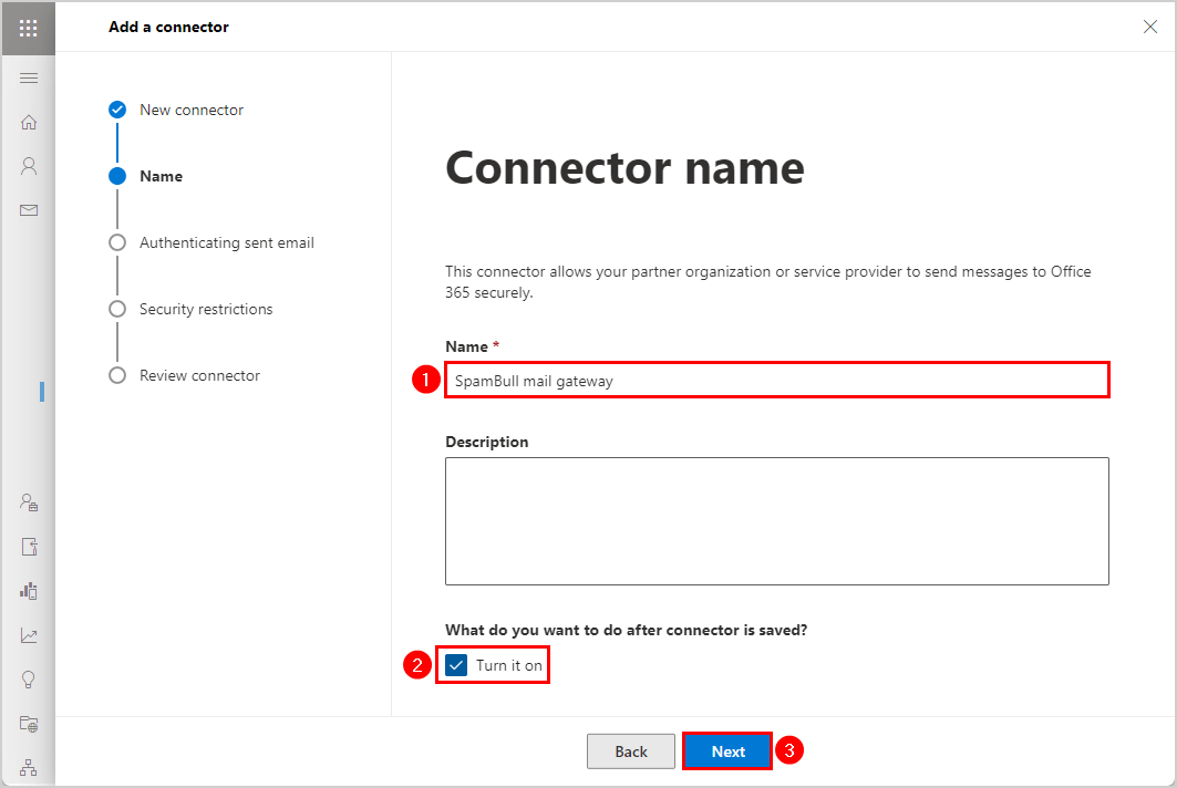 Configure Exchange Online add inbound connector name