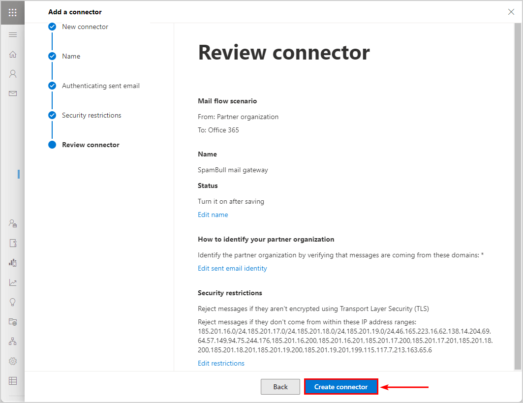 Configure Exchange Online inbound connector review connector