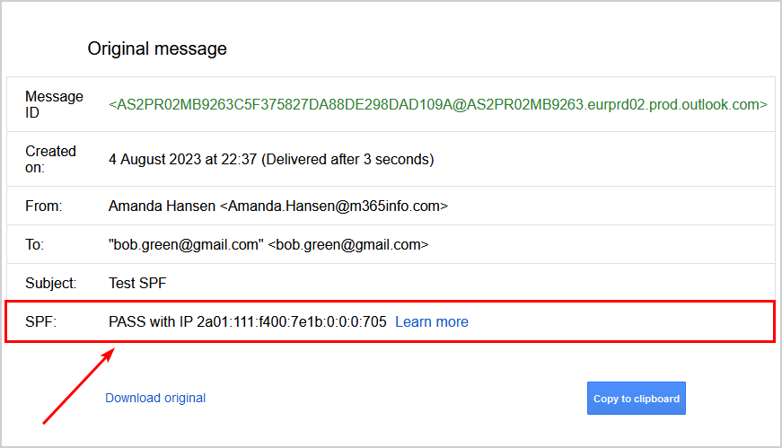 Check Gmail Original message header pass test