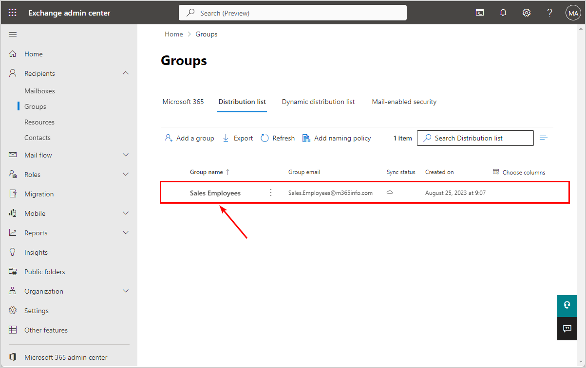 Created new distribution group in list