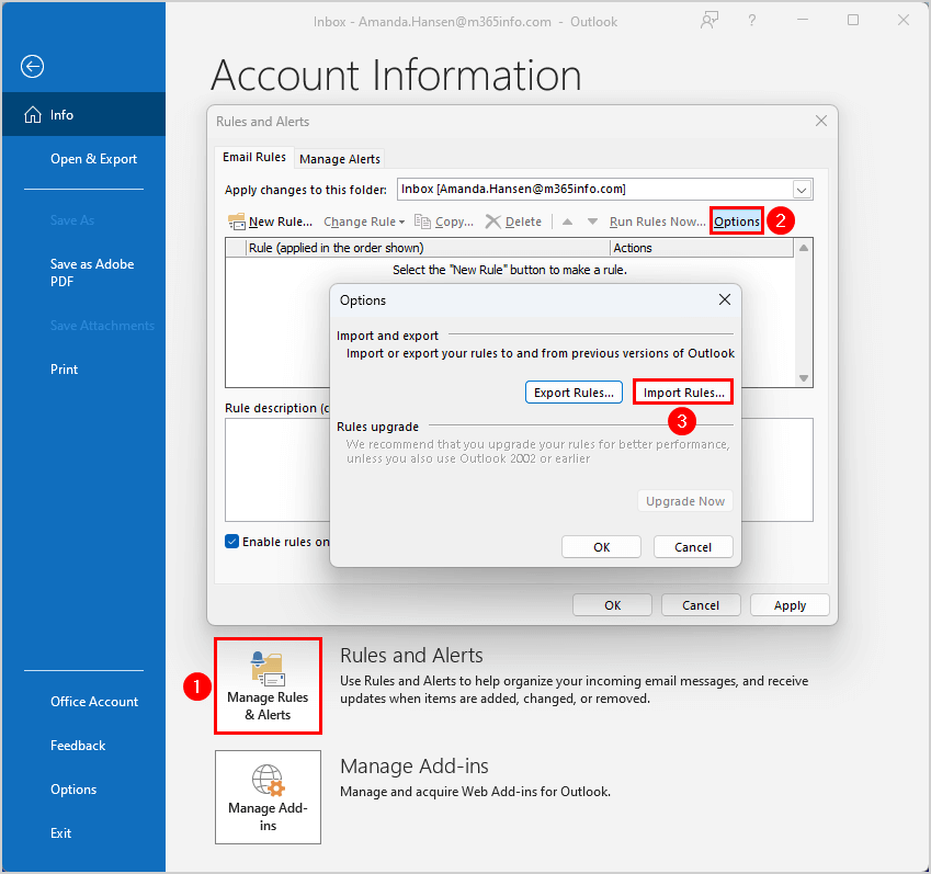 Exchange inbox Outlook to import rules 