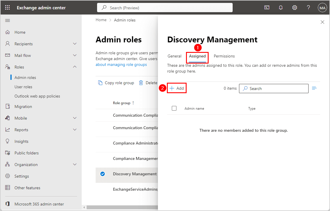 Fix recover deleted items greyed out EAC Discovery Management