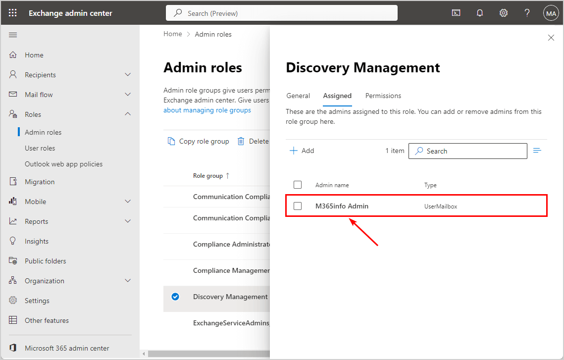 Assigned admin to Discovery Management role group