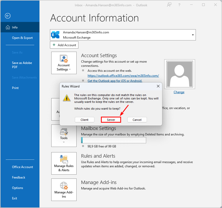 Keep the rules on the server in Outlook manage rules and alerts