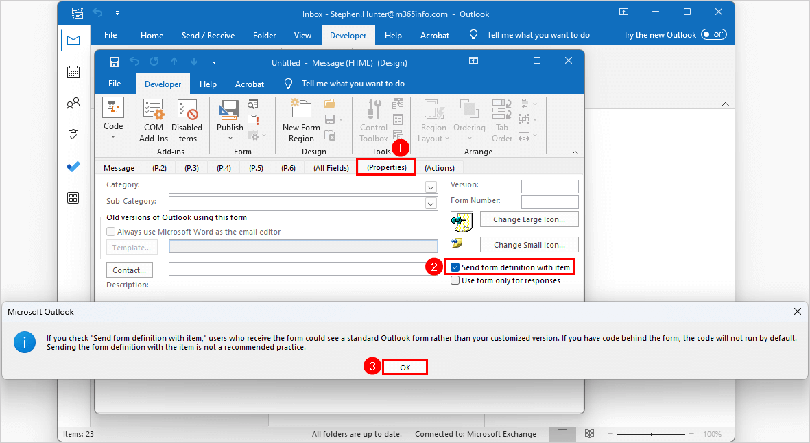 Prevent Reply All Outlook properties send form definition with item