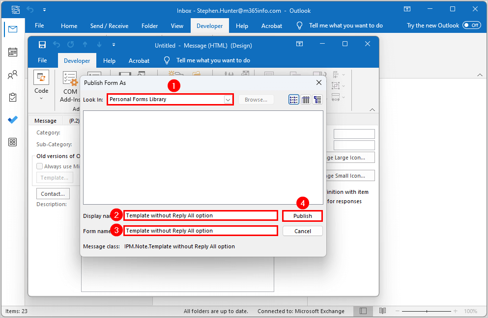Prevent Reply All Outlook save publish form