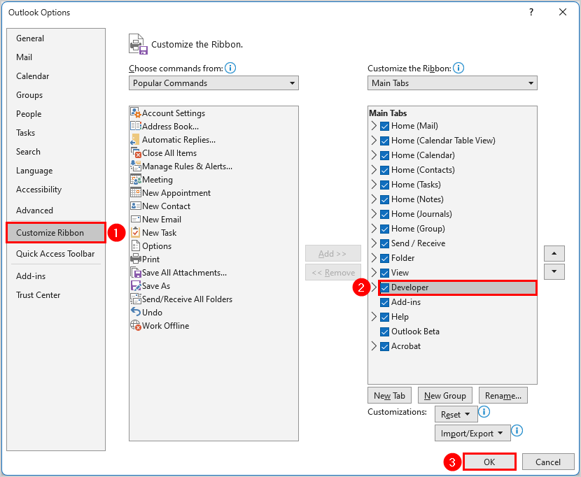 Customize ribbon Add Developer tab