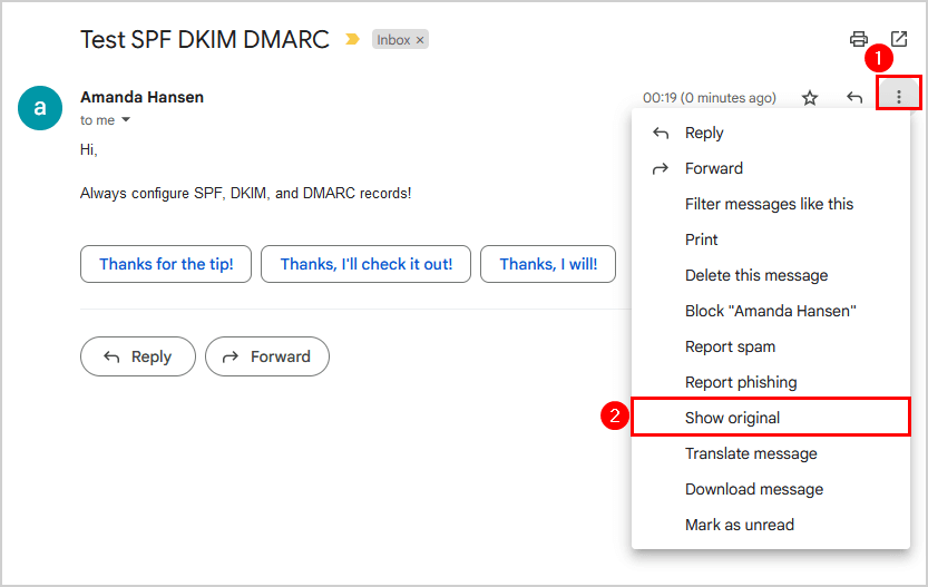 Test SPF DKIM DMARC with gmail test show original message