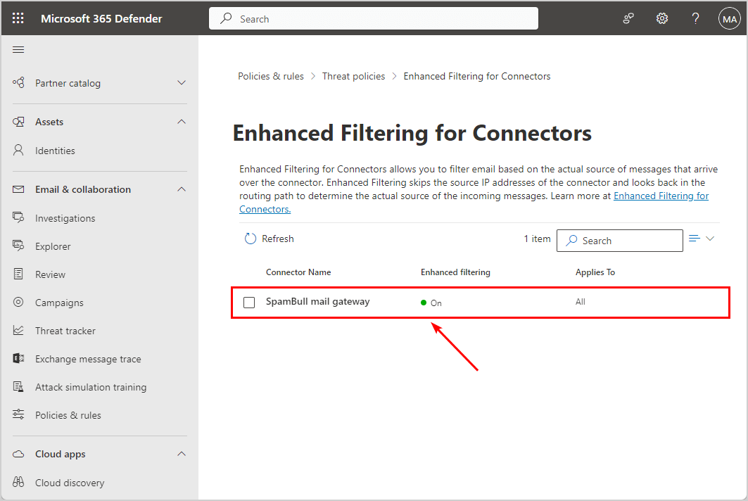 Configure Exchange Online to accept SMTP connection only from specific mail security gateway enhanced filtering for connectors