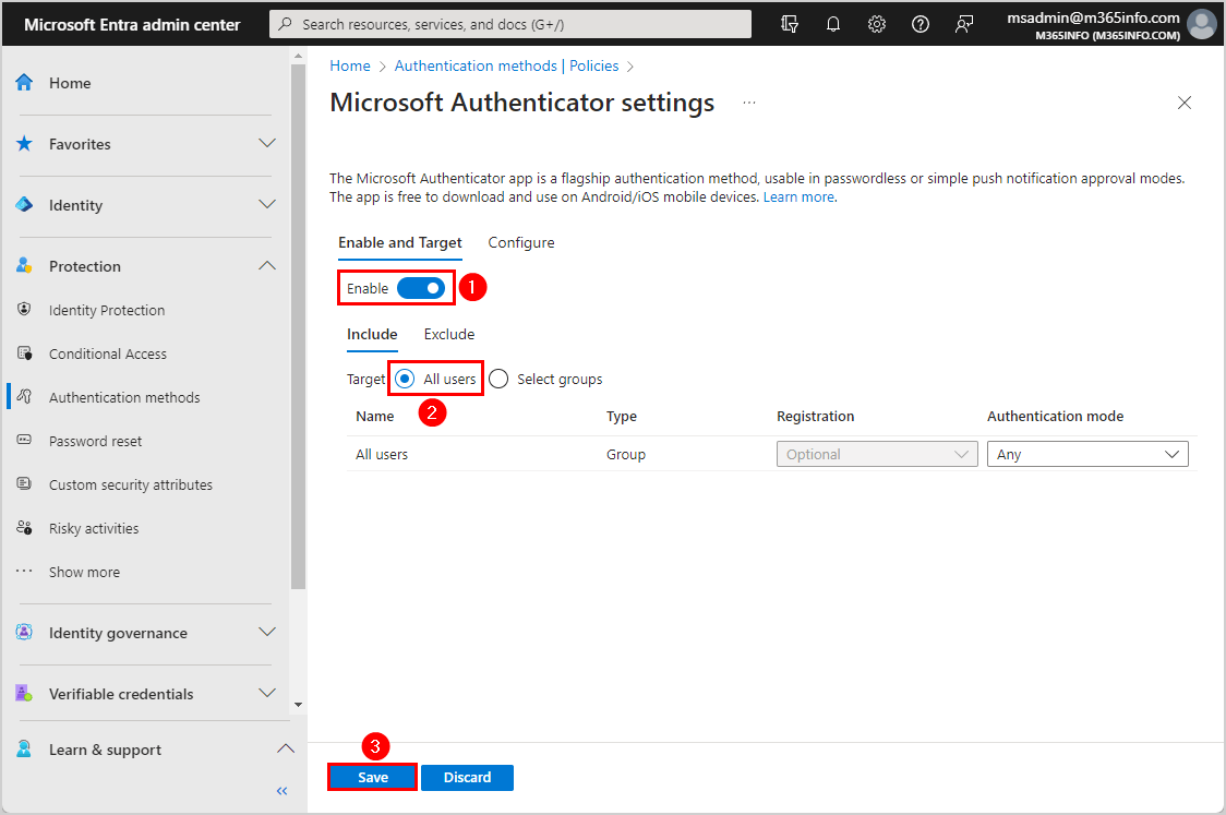 Microsoft Authenticator settings enable