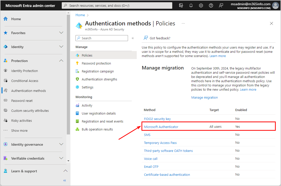 Microsoft Authenticator enabled for all users in Authentication methods policies