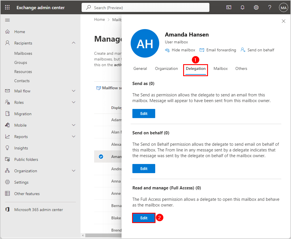 Assign Full Access mailbox permissions in Exchange admin center