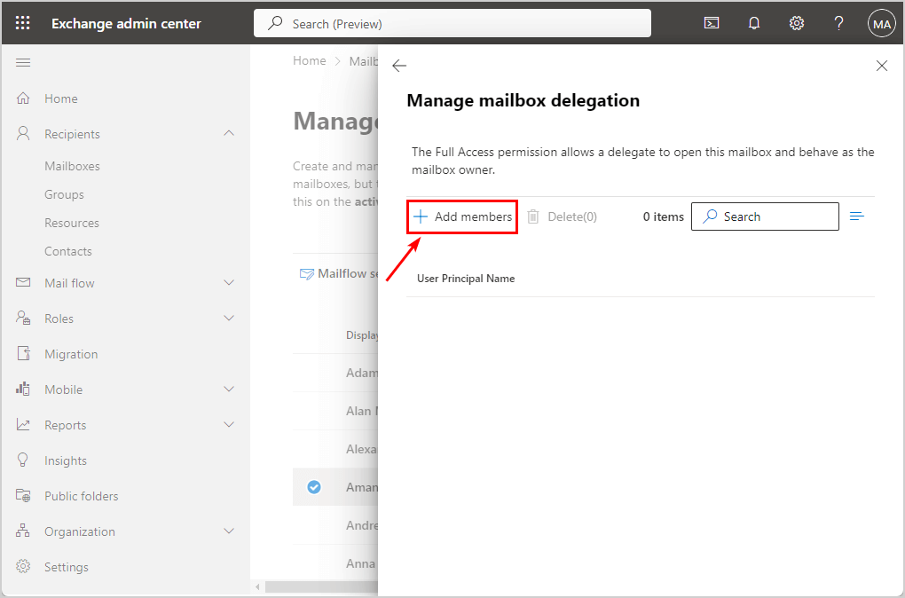 Assign Full Access mailbox permissions in Exchange admin center