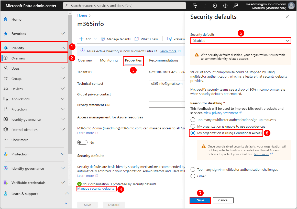 Disable security defaults save in Microsoft Entra