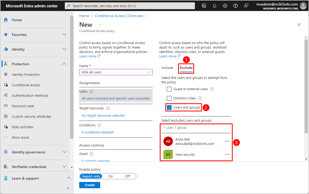 Configure Conditional Access create new policy exclude users and groups