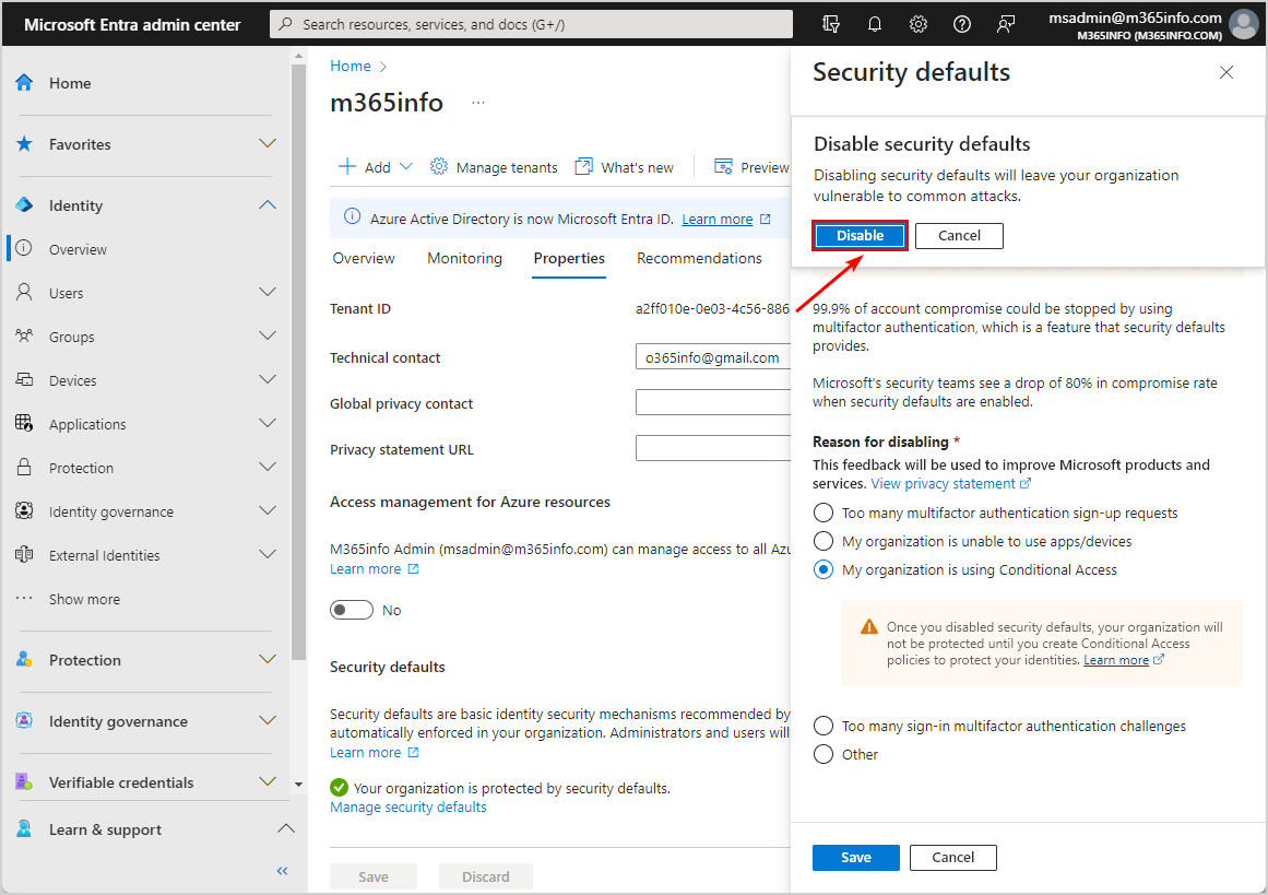 Disable security defaults in Microsoft Entra
