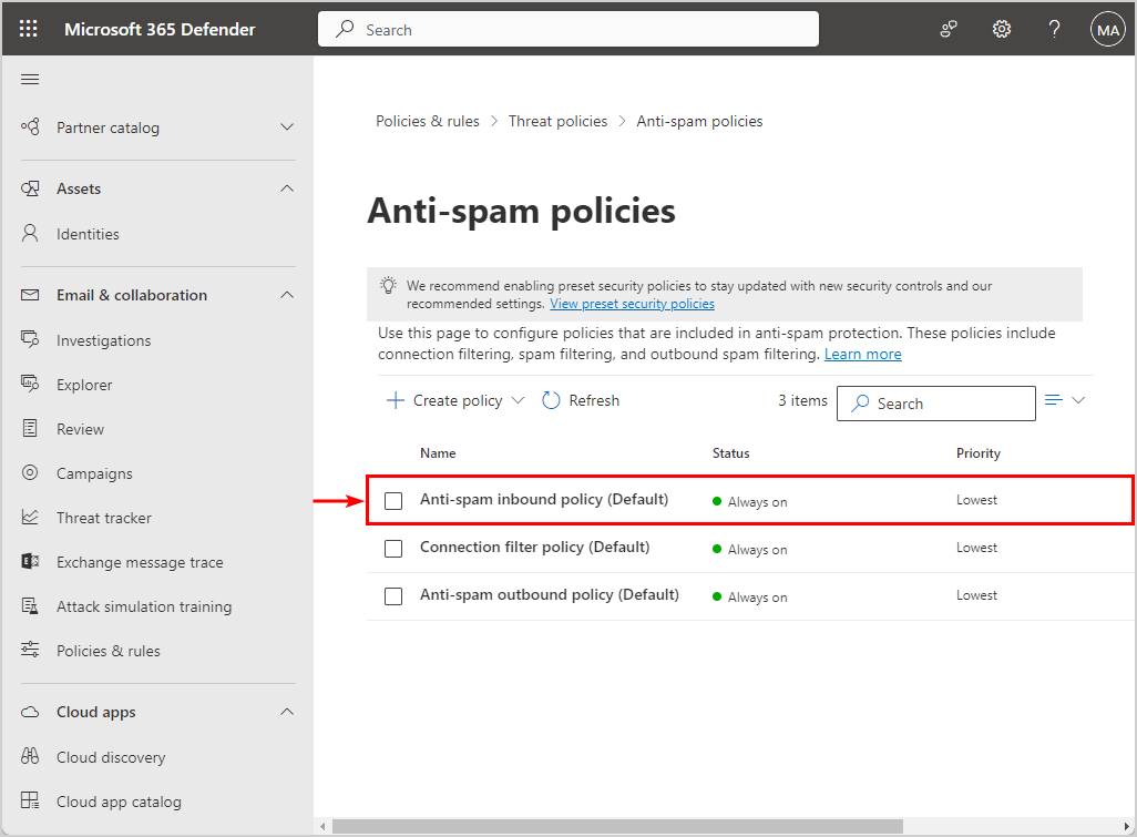 Anti-spam inbound policy (Default)
