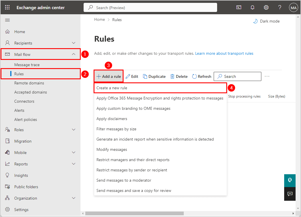 Create a new mail flow rule in Exchange admin center
