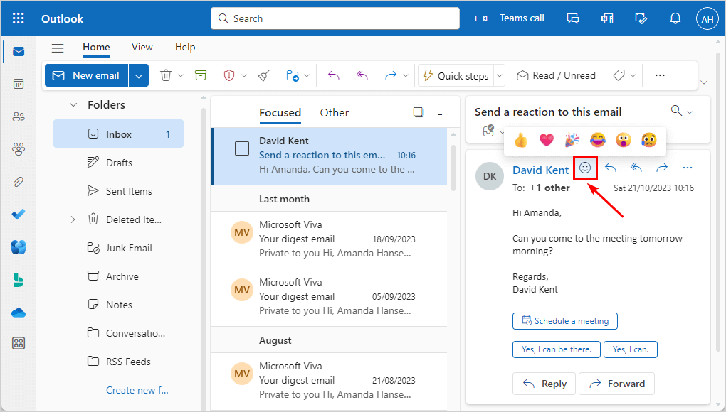 Send Outlook reactions email