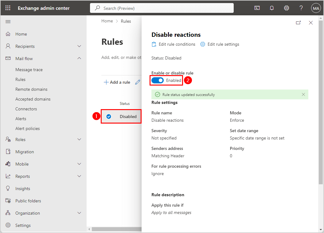 Enable the new mail flow rule status