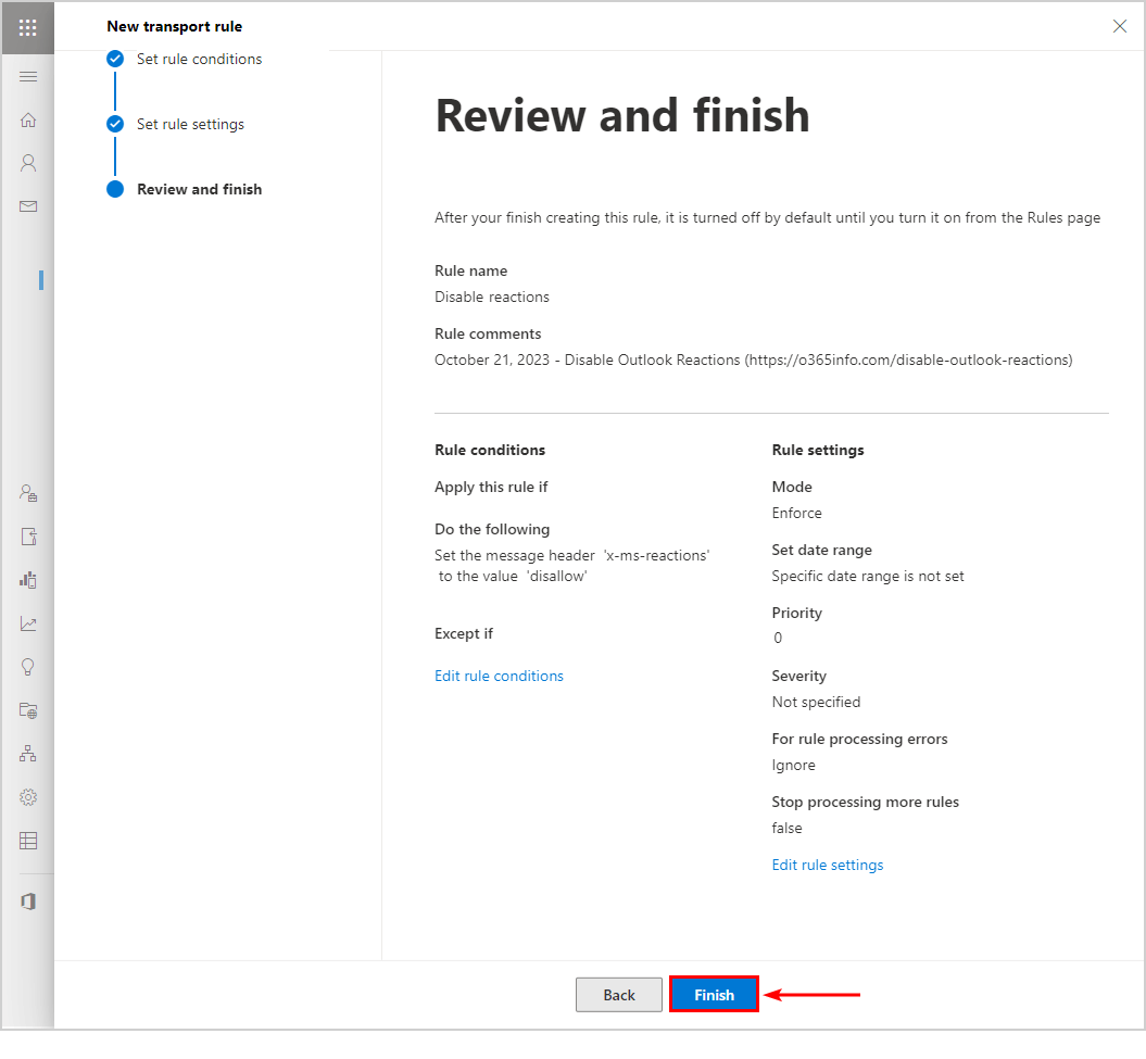 Review and finish disable reactions rule