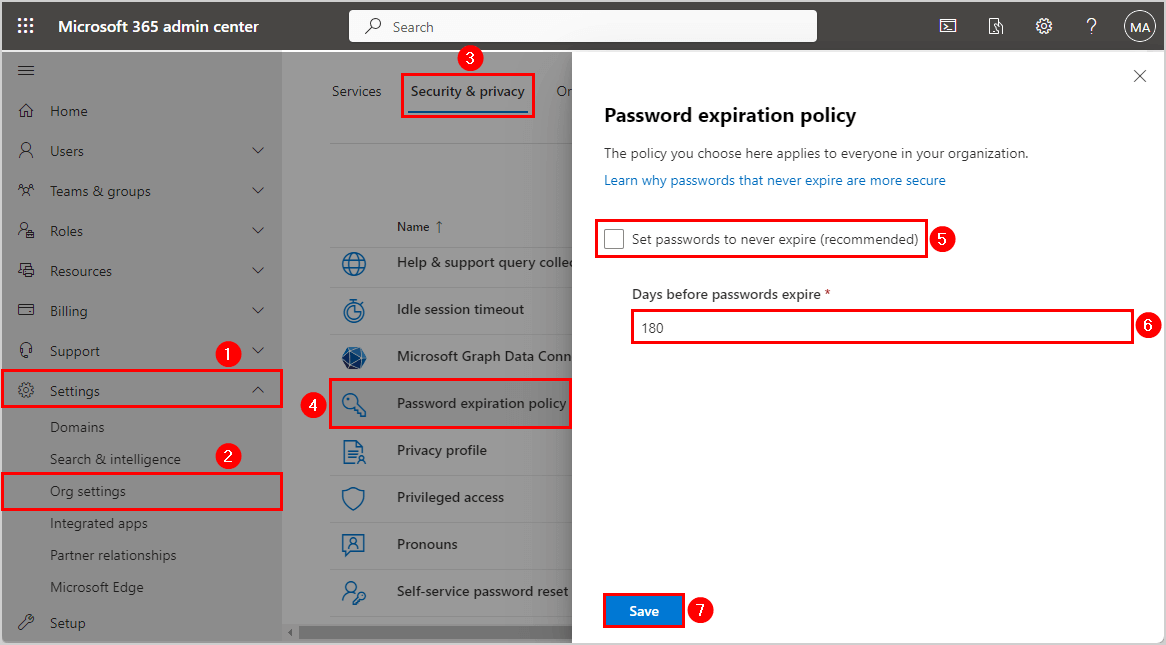 Set Microsoft 365 password expiration policy to expire