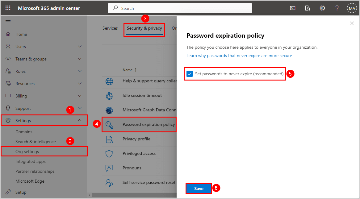 Set Microsoft 365 password expiration policy to never expire