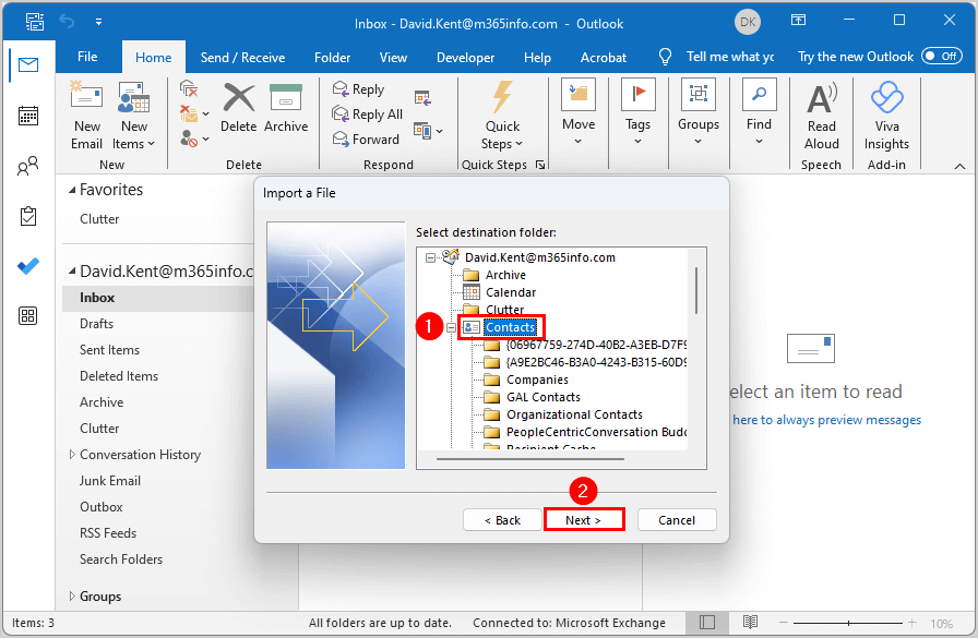 Select the destination folder Contacts to import