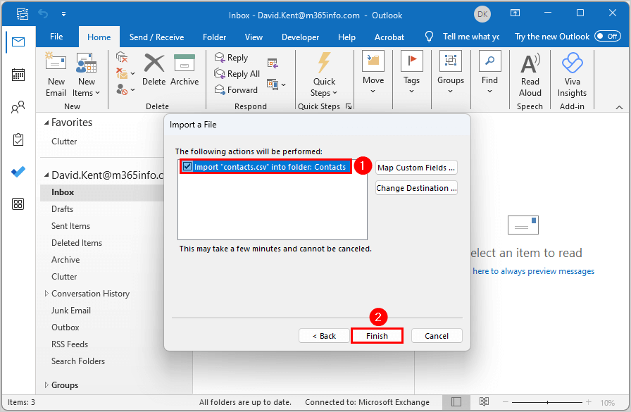 Select Import "contact.csv" into folder: Contacts