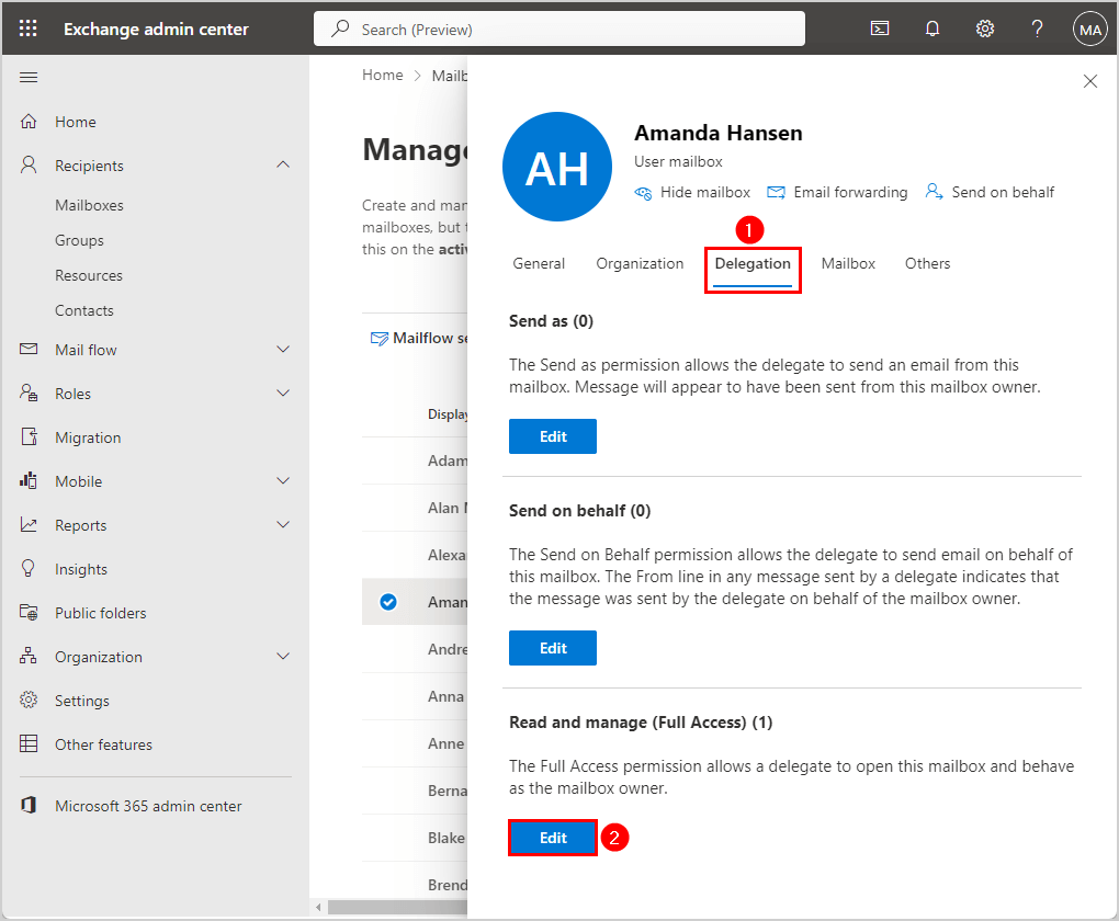 Remove Full Access mailbox permissions in Exchange admin center
