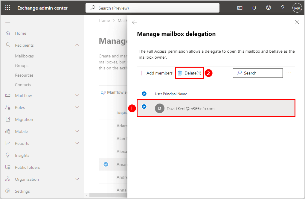 Remove Full Access mailbox permissions in Exchange admin center