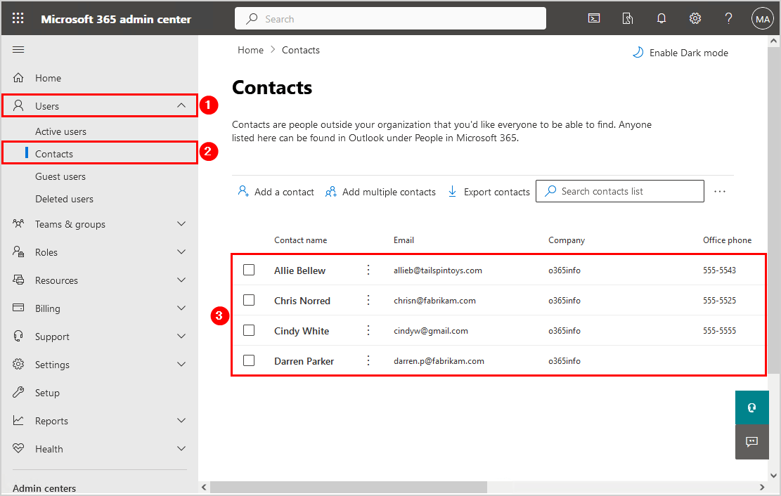 Contacts in Microsoft 365 admin center