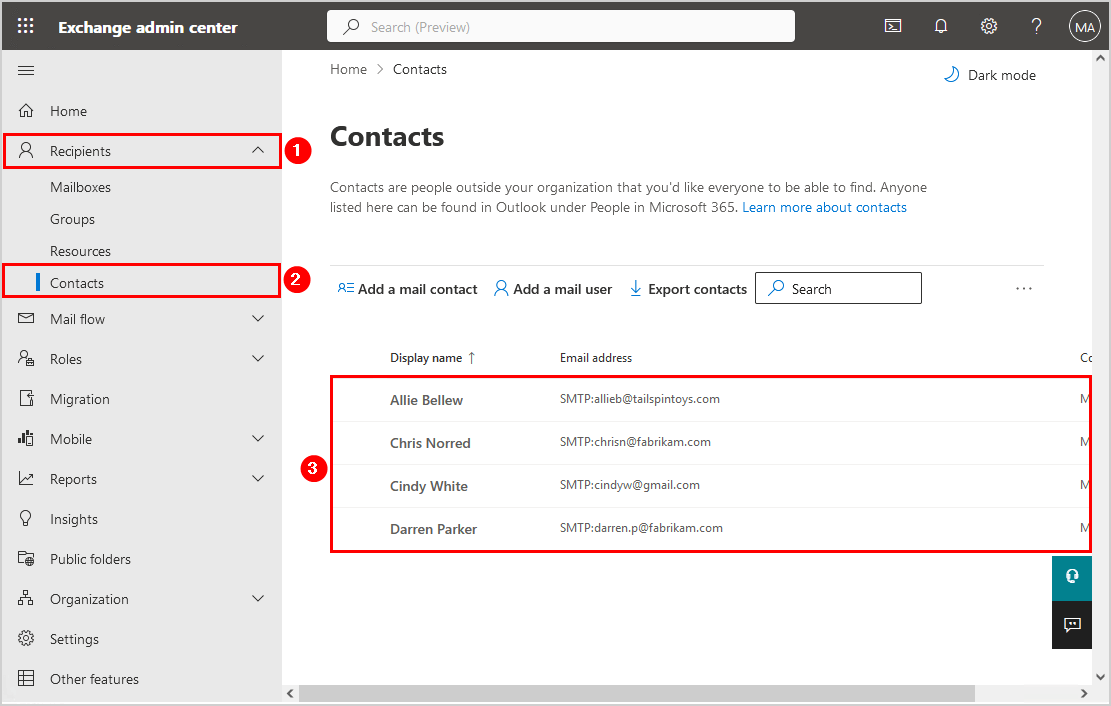 Contacts in Exchange admin center