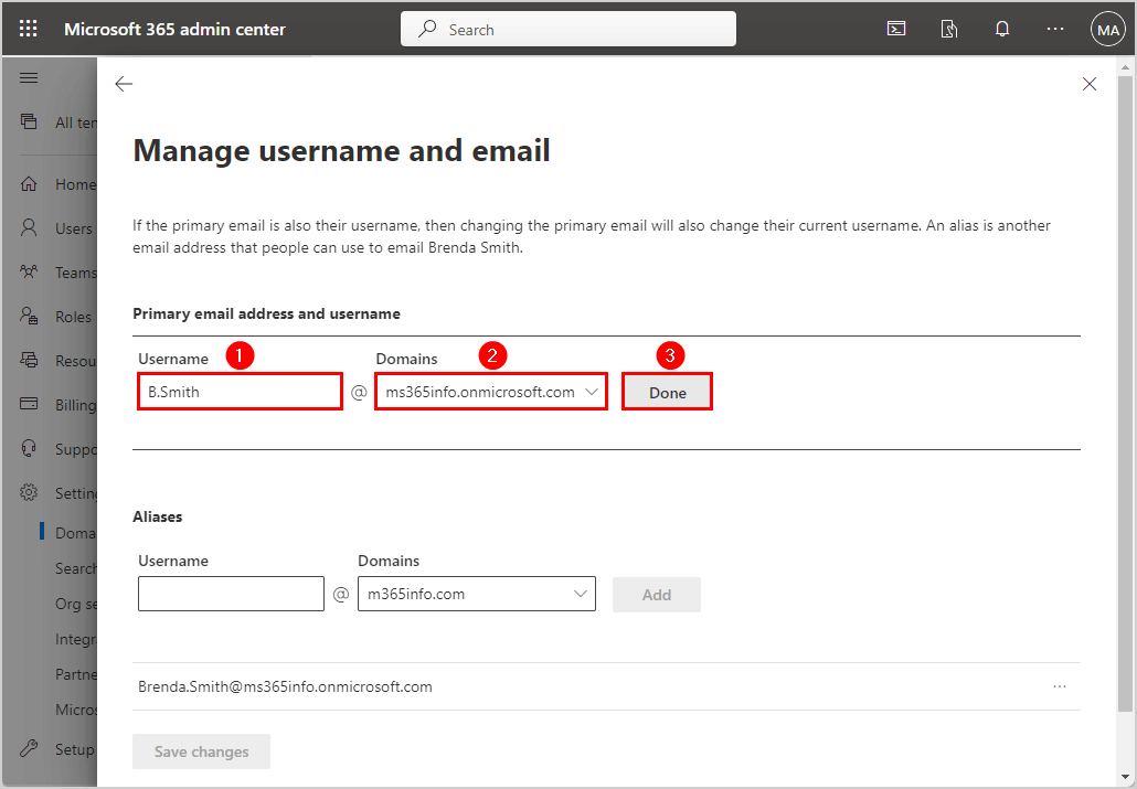 Change primary email address and domain for single user