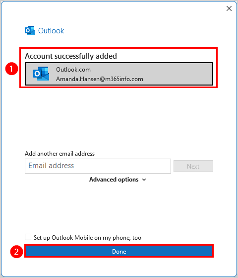 Account successfully added in Outlook