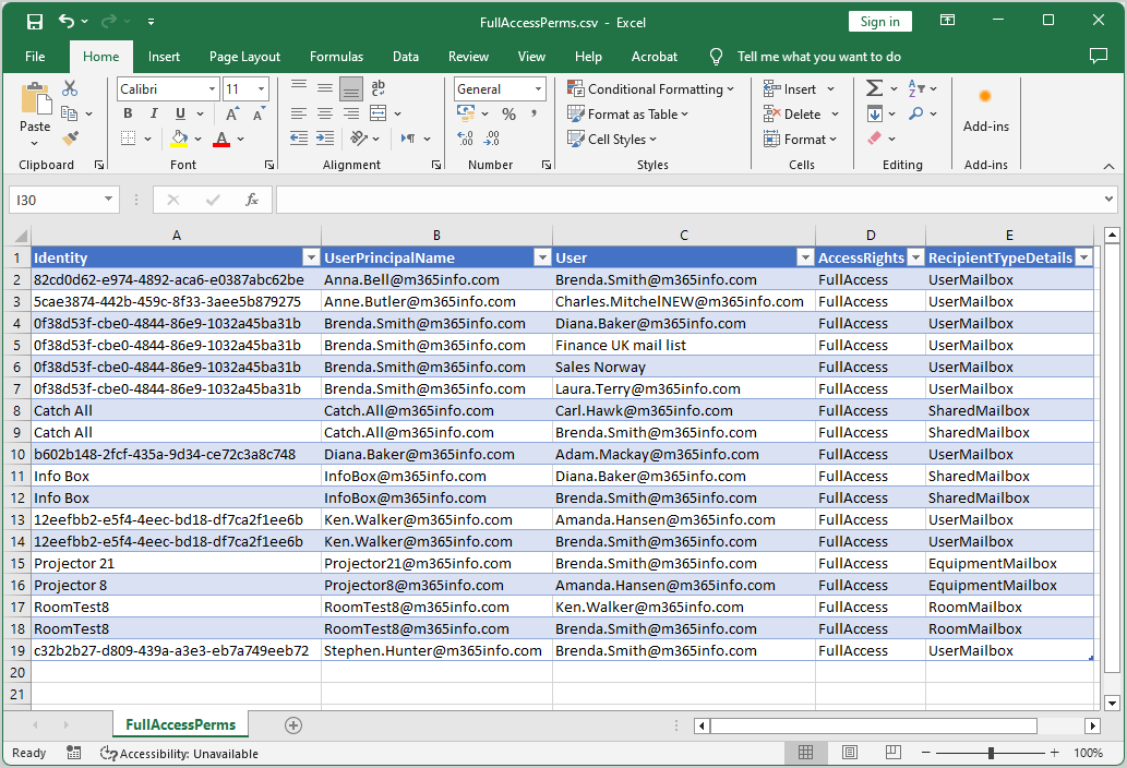 Export Full Access mailbox permission to CSV file