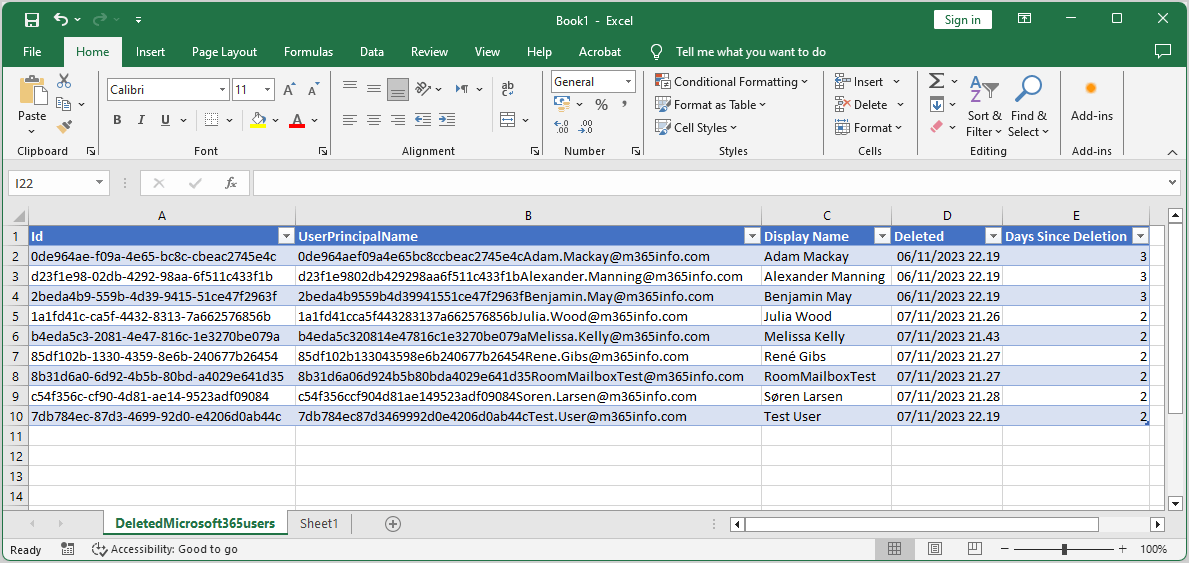 List of Microsoft 365 users recycle bin CSV file