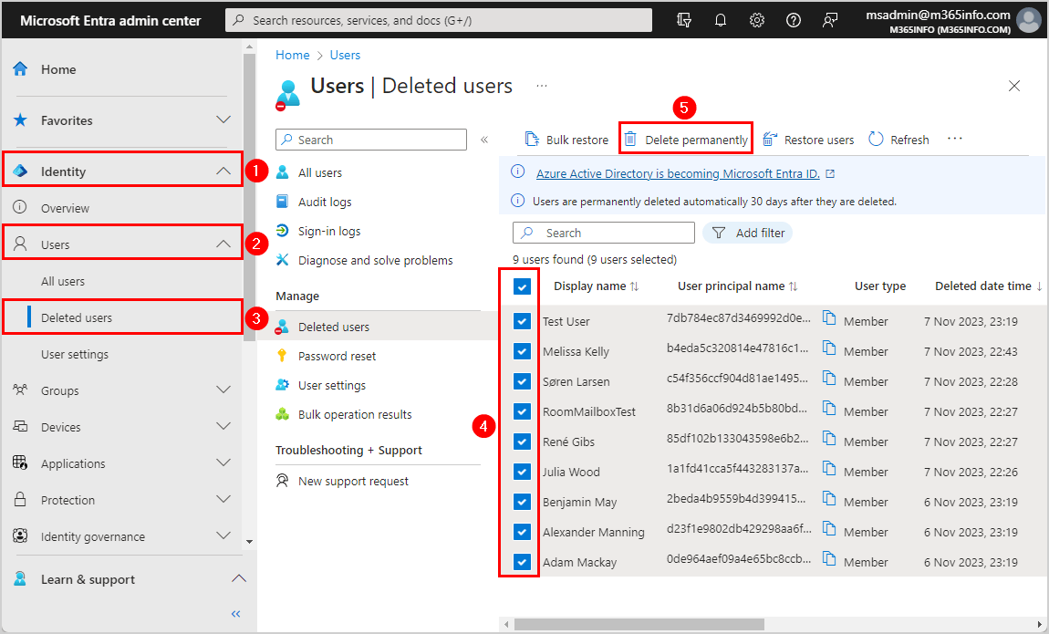 Manage Microsoft 365 users recycle bin hard delete all users