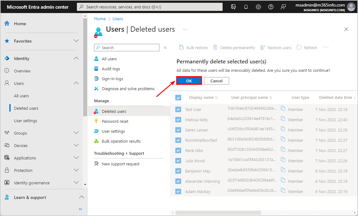 Permanently delete selected user in Microsoft Entra admin center