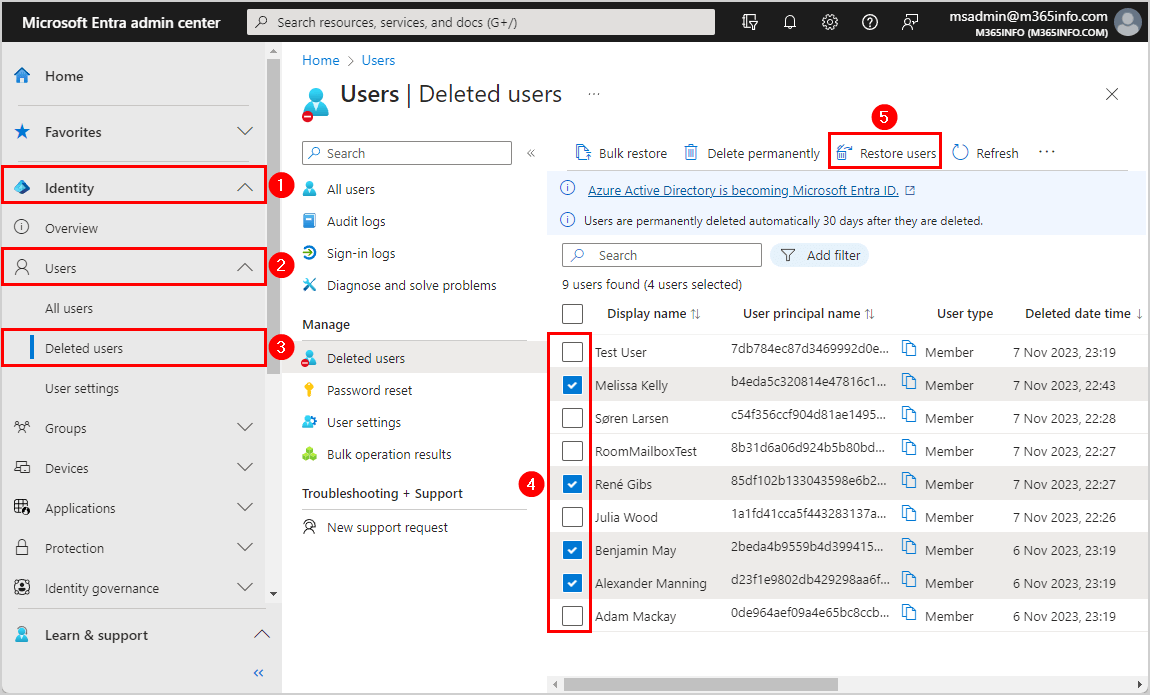 Restore soft deleted users from recycle bin in Microsoft Entra admin center