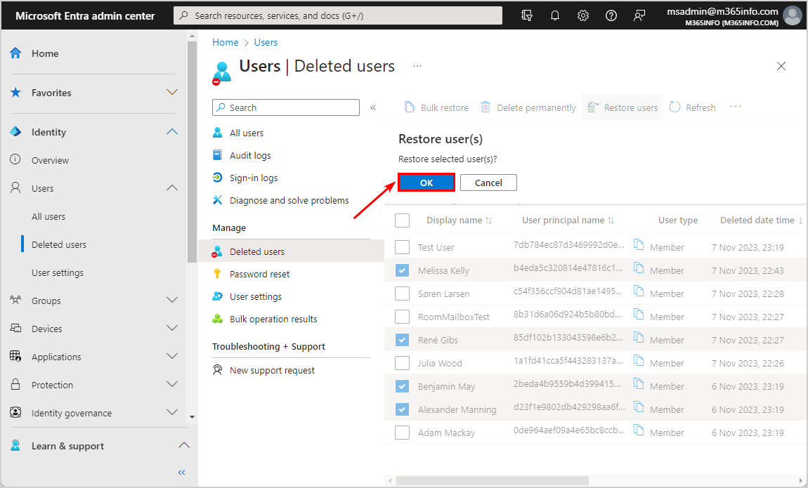 Restore selected users in Microsoft Entra admin center