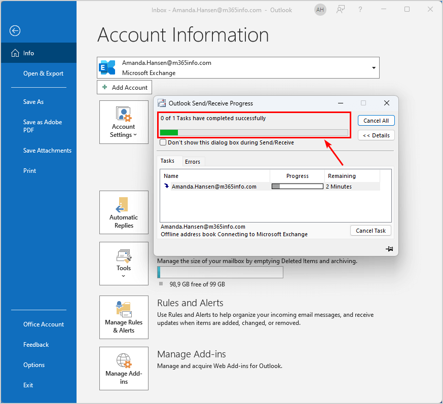 Outlook error fix: download task Offline address book