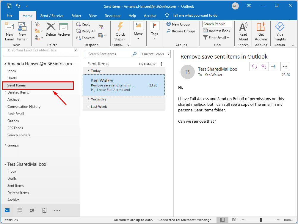 Remove save sent items in shared mailbox from user in Outlook